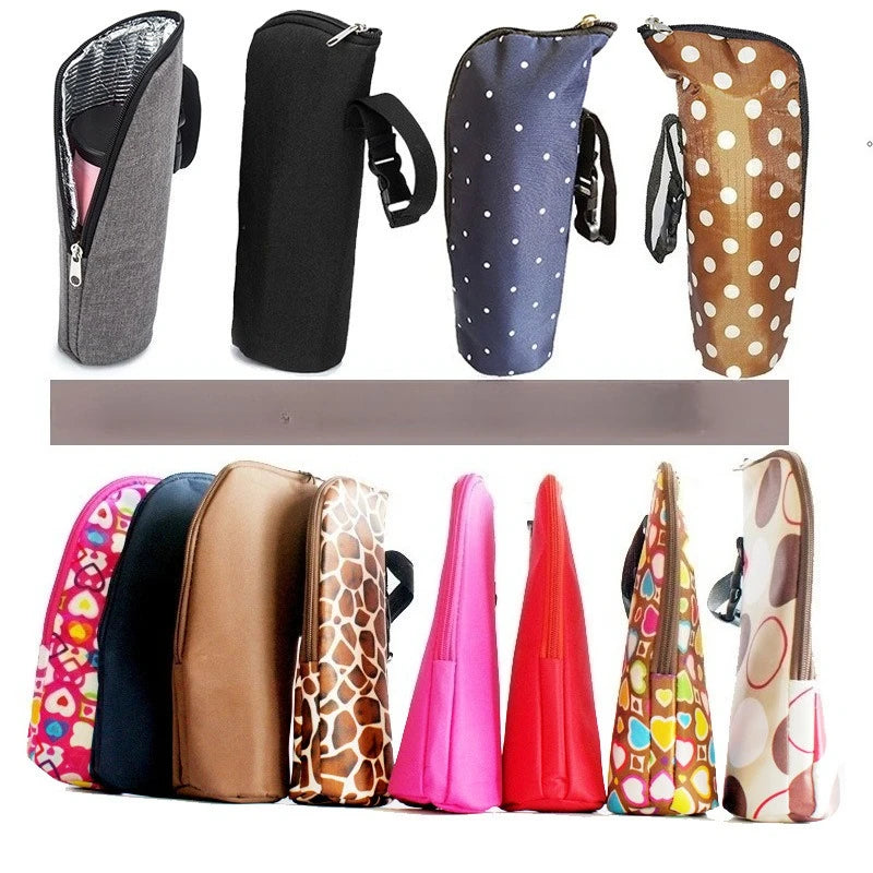 Collection of various patterned pouches on a white background