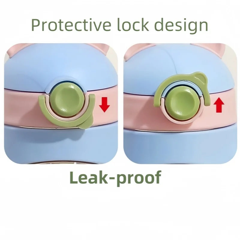 Illustration of a leak-proof design with a green lock on a blue and pink container.