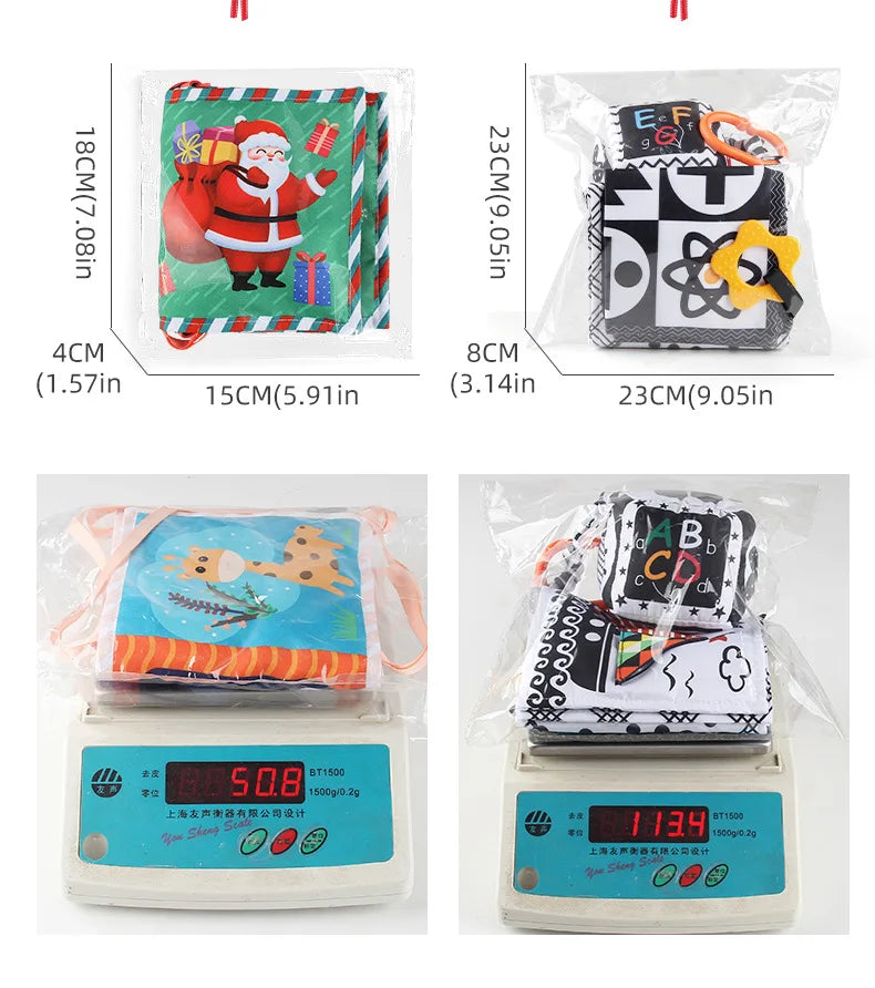 Four small bags with different designs on a white background, each weighed on a digital scale.