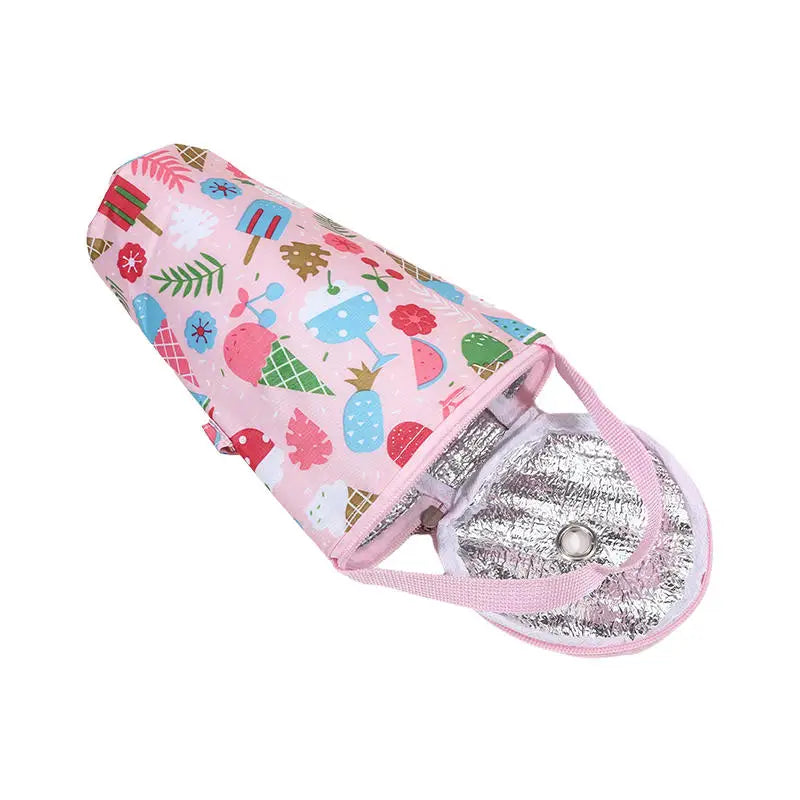 Pink eyeglass case with colorful pattern on a white background