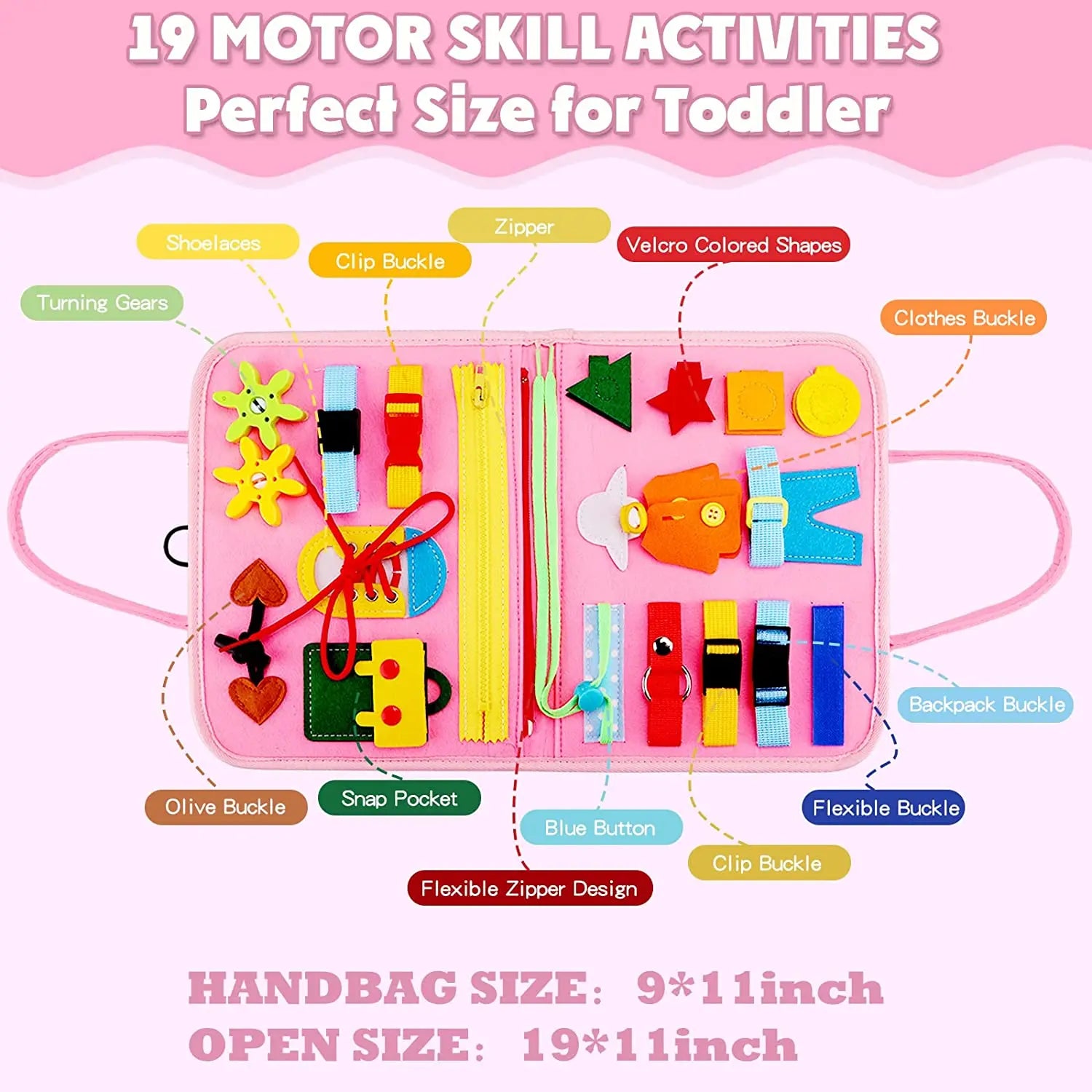 Pink educational toy with various components and labels on a pink background