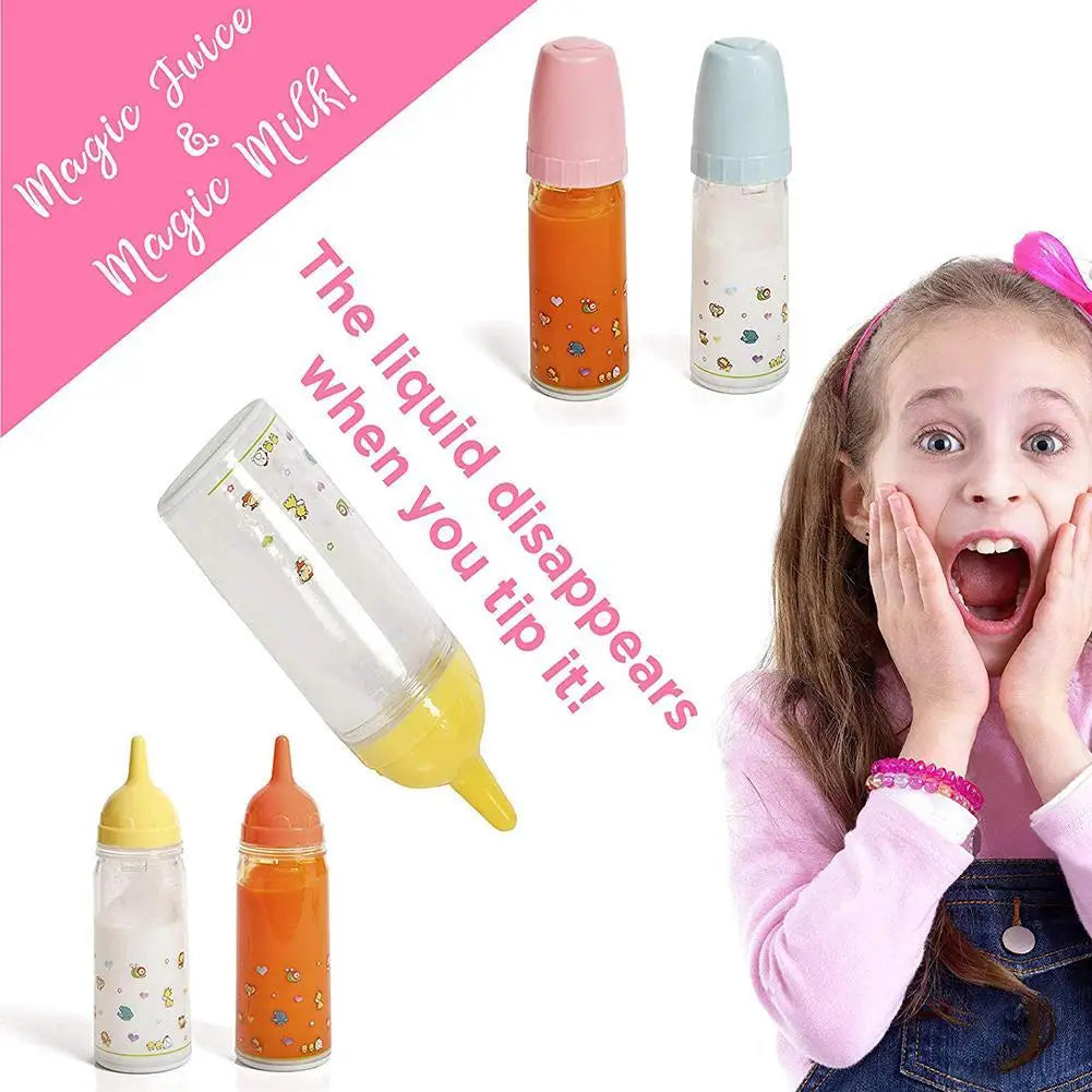 Children's sippy cups with colorful liquid, a girl reacting excitedly, and text about the product.