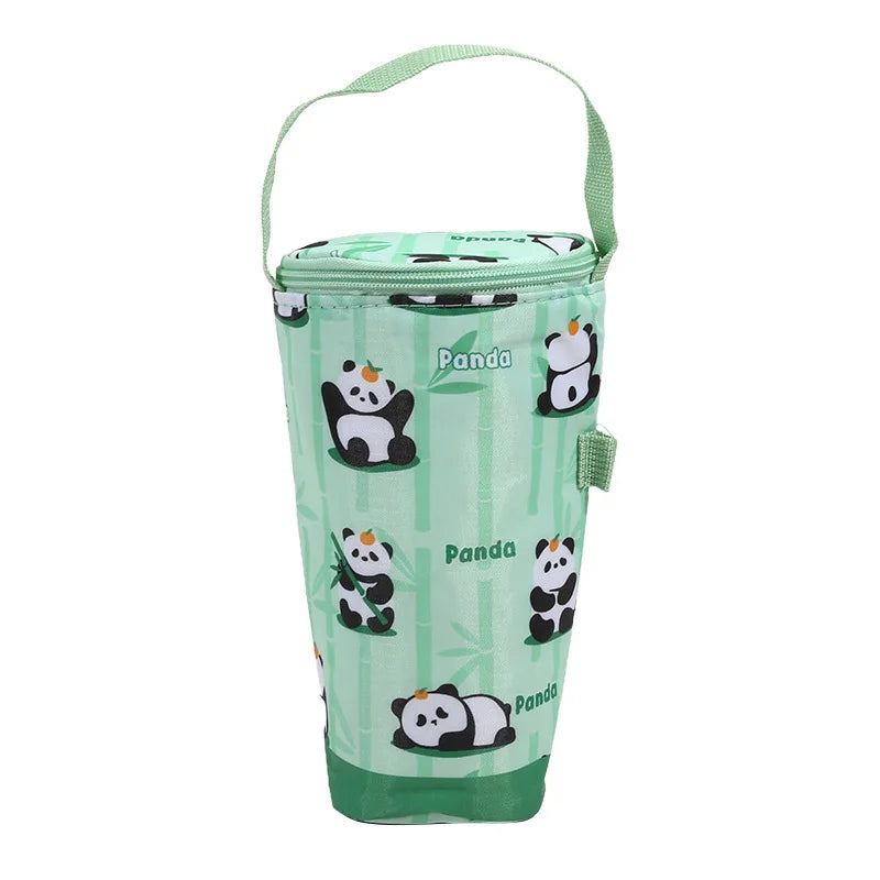 Green insulated bottle bag with panda design on a white background
