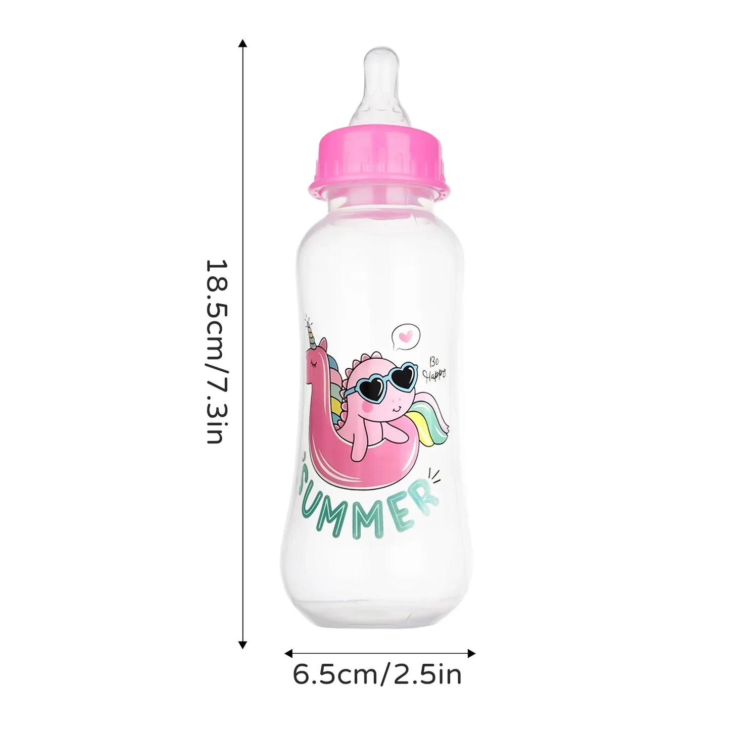 Baby bottle with pink cap and unicorn design, shown with measurements on a white background