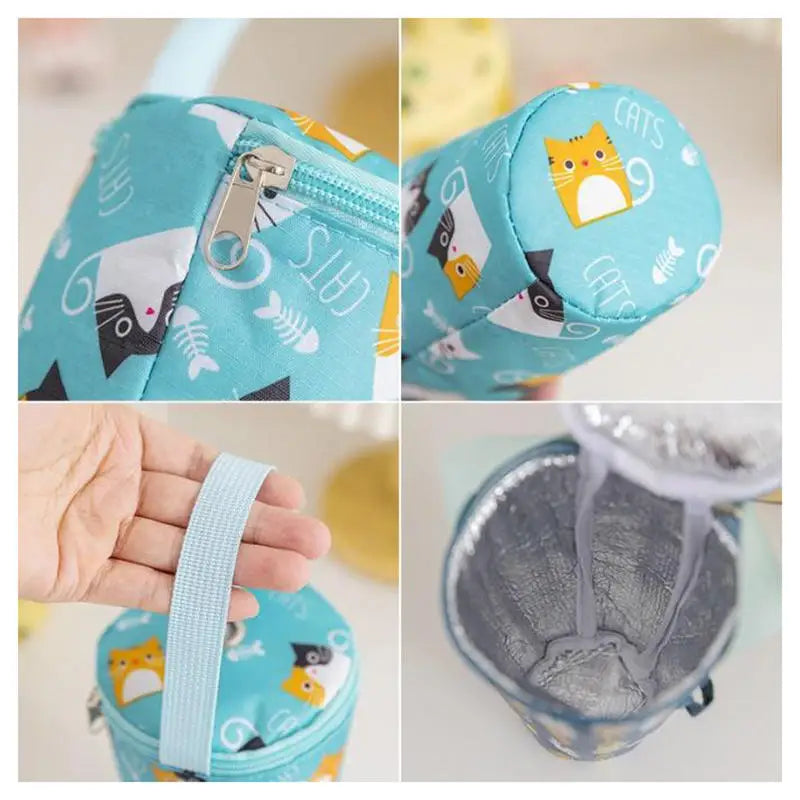 Collage of a small blue pouch with cat illustrations, zipper, strap, and mesh pocket.