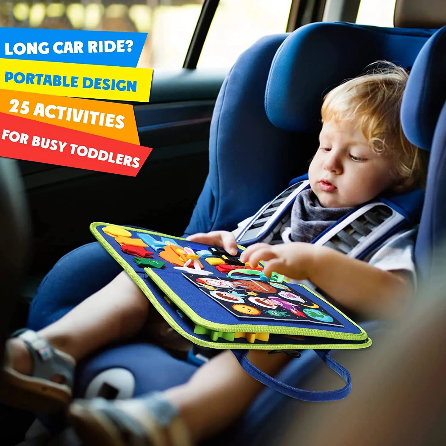 Child in a car seat using a portable activity board with text about activities for busy toddlers.