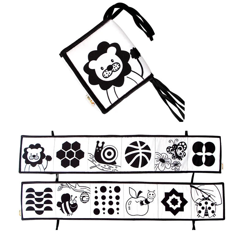 Black and white children's activity book with illustrations and a drawstring bag on a white background