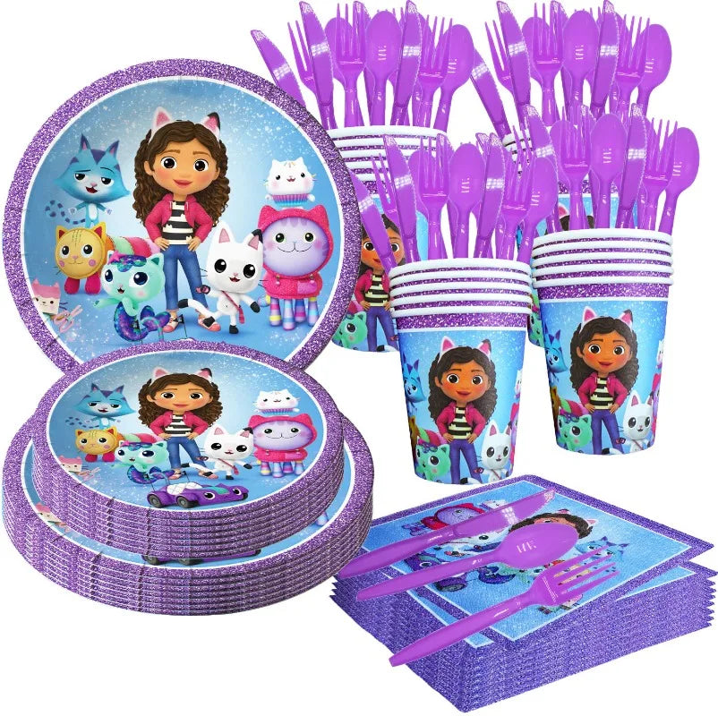 Party supplies set with plates, cups, and utensils featuring a cartoon character on a white background.