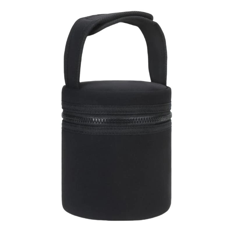 Black cylindrical pouch with a handle on a white background