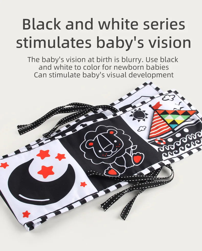 Black and white baby book with colorful illustrations on a white background