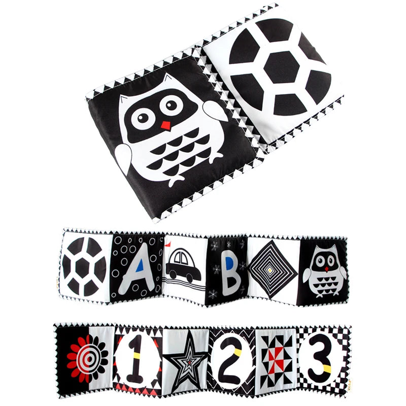 Educational fabric cards with owl, alphabet, numbers, and shapes on a white background