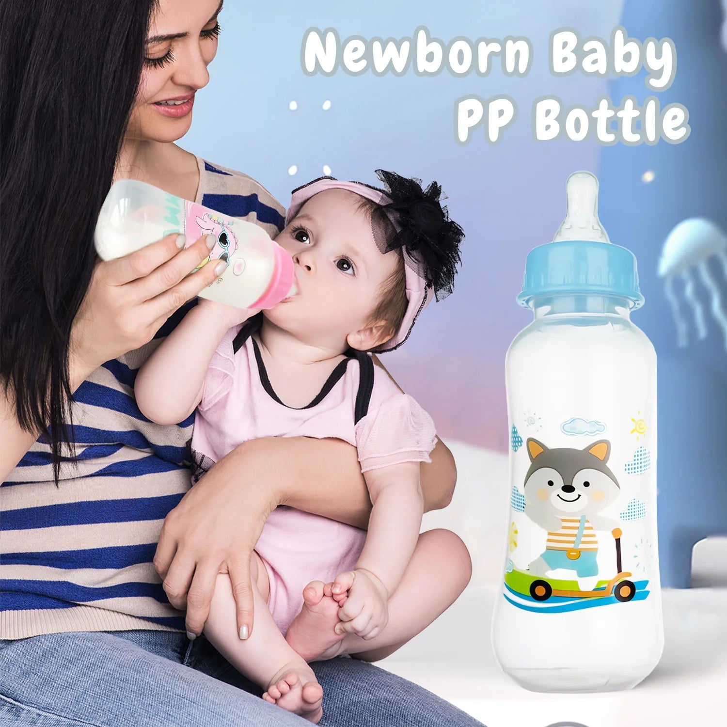 Woman holding a baby and a baby bottle with a cartoon design on a blue background