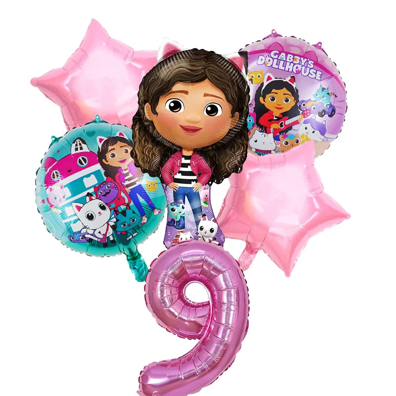 Set of balloons featuring a character from 'Gabby's Dollhouse' on a white background