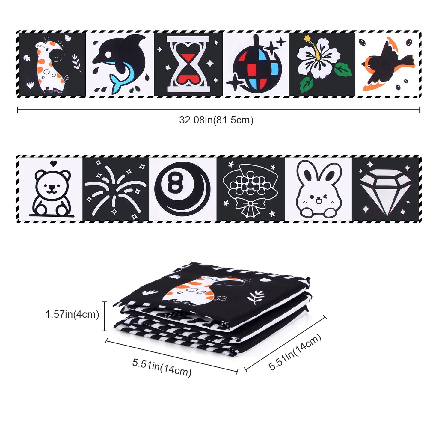 Black and white patterned tape with various designs and measurements on a white background