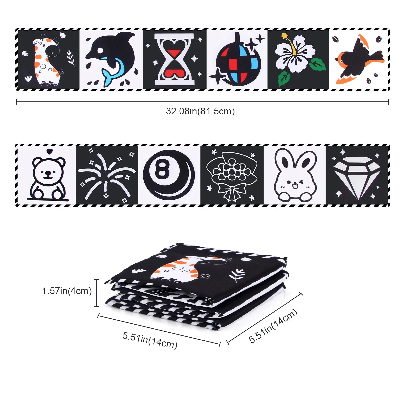 Black and white patterned tape with various designs and measurements on a white background