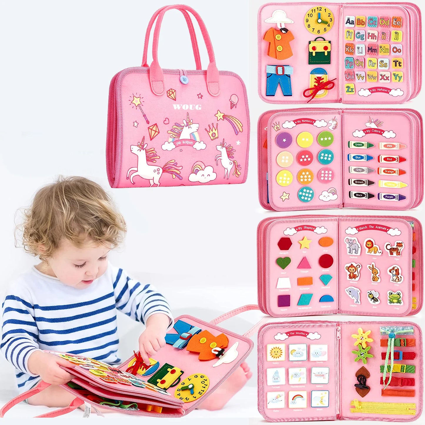 Child playing with a pink educational toy set, including a bag and multiple activity books.