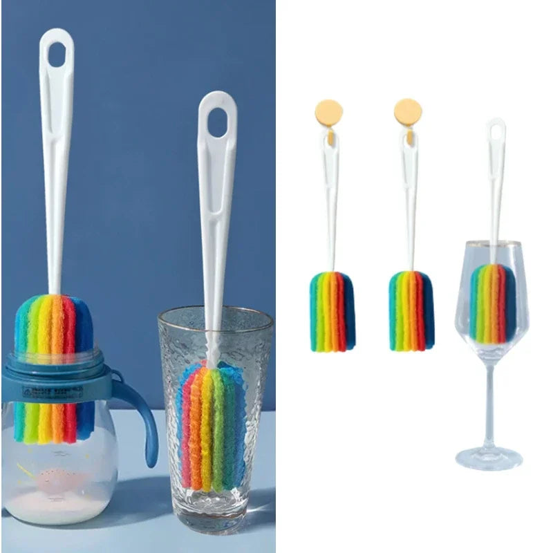 Colorful sponge cup brush with long handle for cleaning baby bottles and household cups by Nestacular.