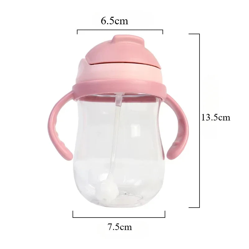 Pink baby bottle with dimensions labeled on a white background