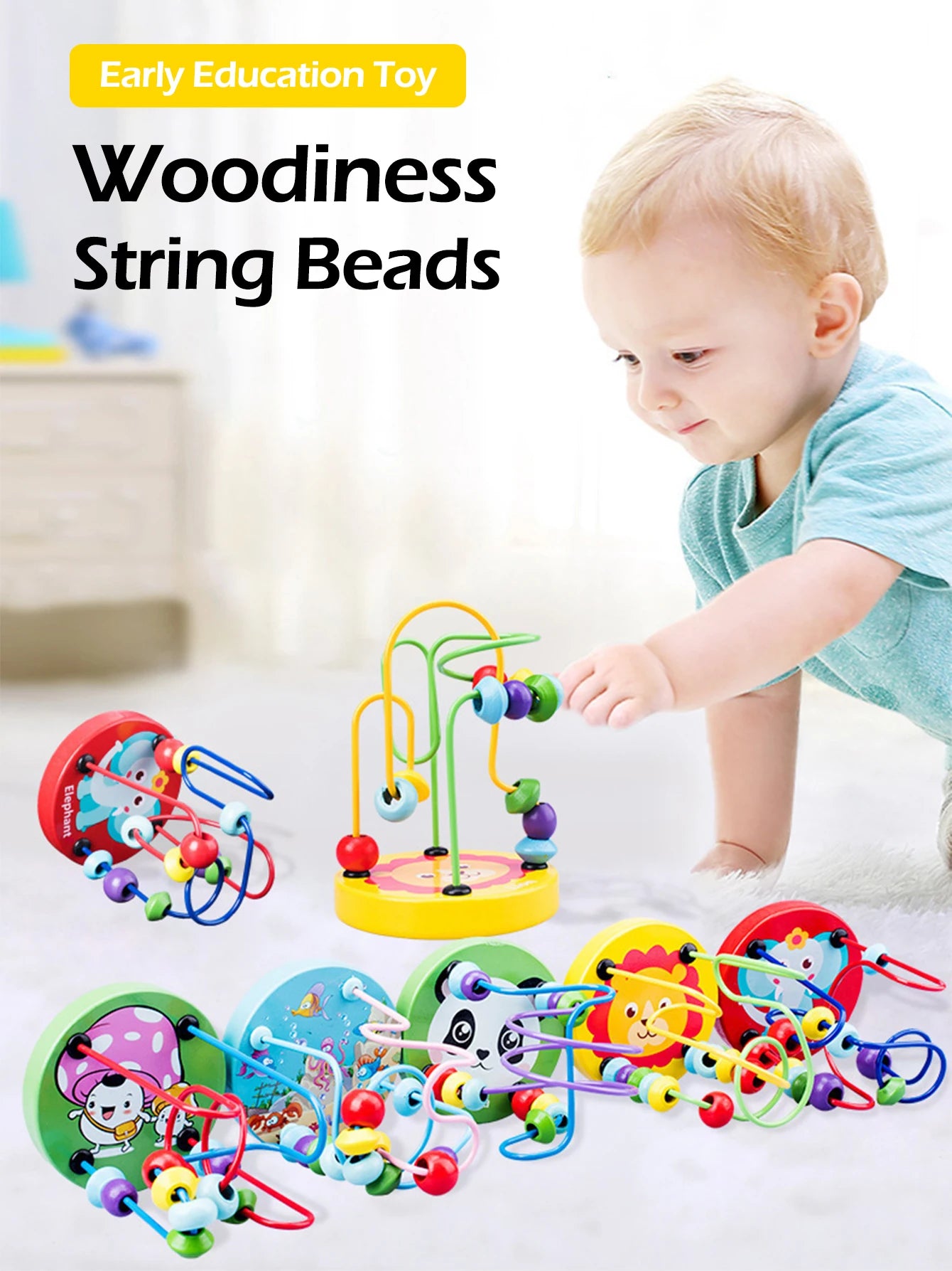 Child playing with a colorful wooden bead toy set on a light background