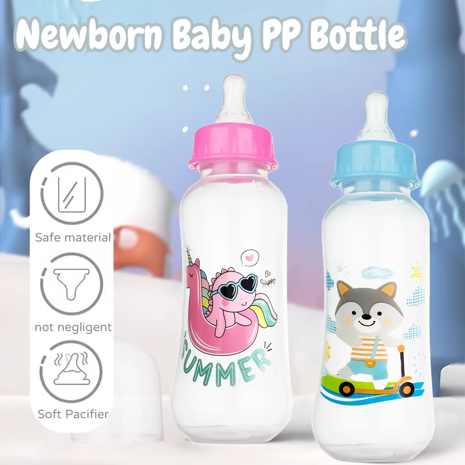 Two baby bottles with cartoon designs on a colorful background