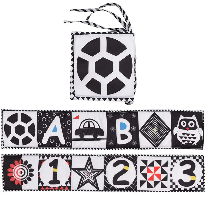 Educational toy with black and white patterns including numbers, letters, and shapes on a white background.