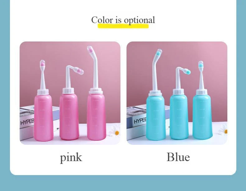 Two sets of pink and blue dental冲洗器bottles with straws on a white background.