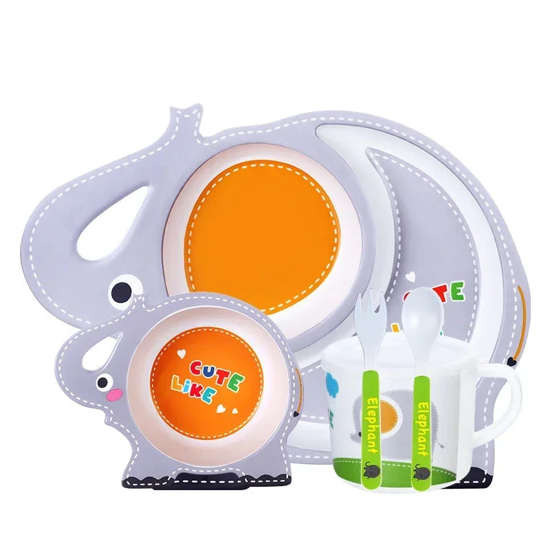 Children's elephant-themed tableware set with bowl, plate, and cup on a white background