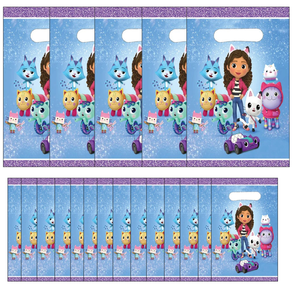 Set of party favor bags with cartoon characters on a blue background