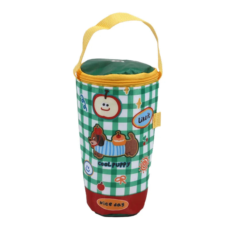 Children's bottle bag with cartoon designs on a white background