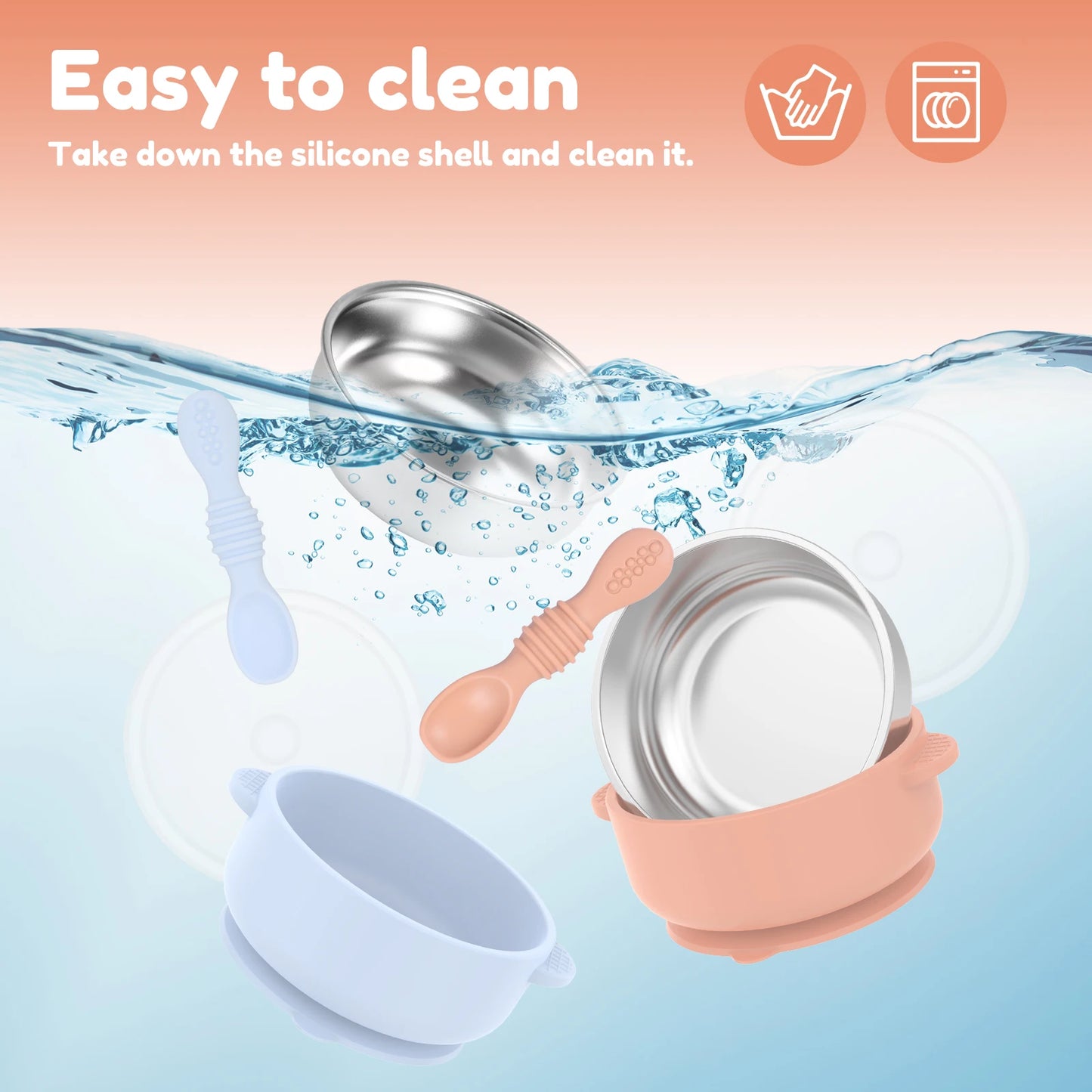 Silicone shell with cleaning instructions and water splashes on a gradient background