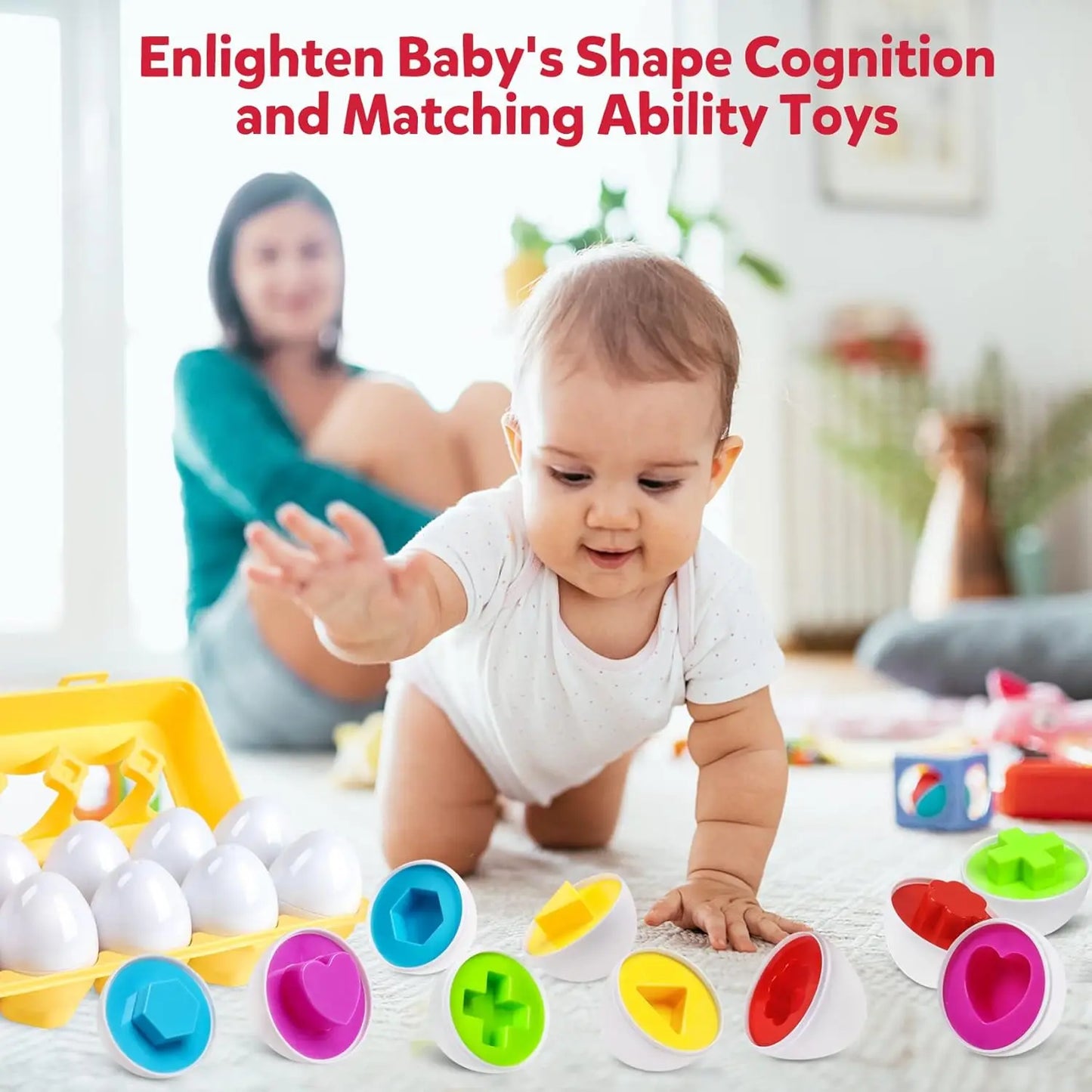 Baby playing with shape-matching toys in a home setting
