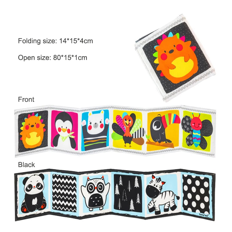 Children's soft book with colorful animal illustrations and text on a white background