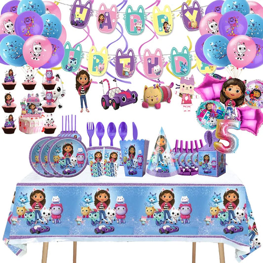 Dora the Explorer birthday party supplies including balloons, banner, tablecloth, and utensils.