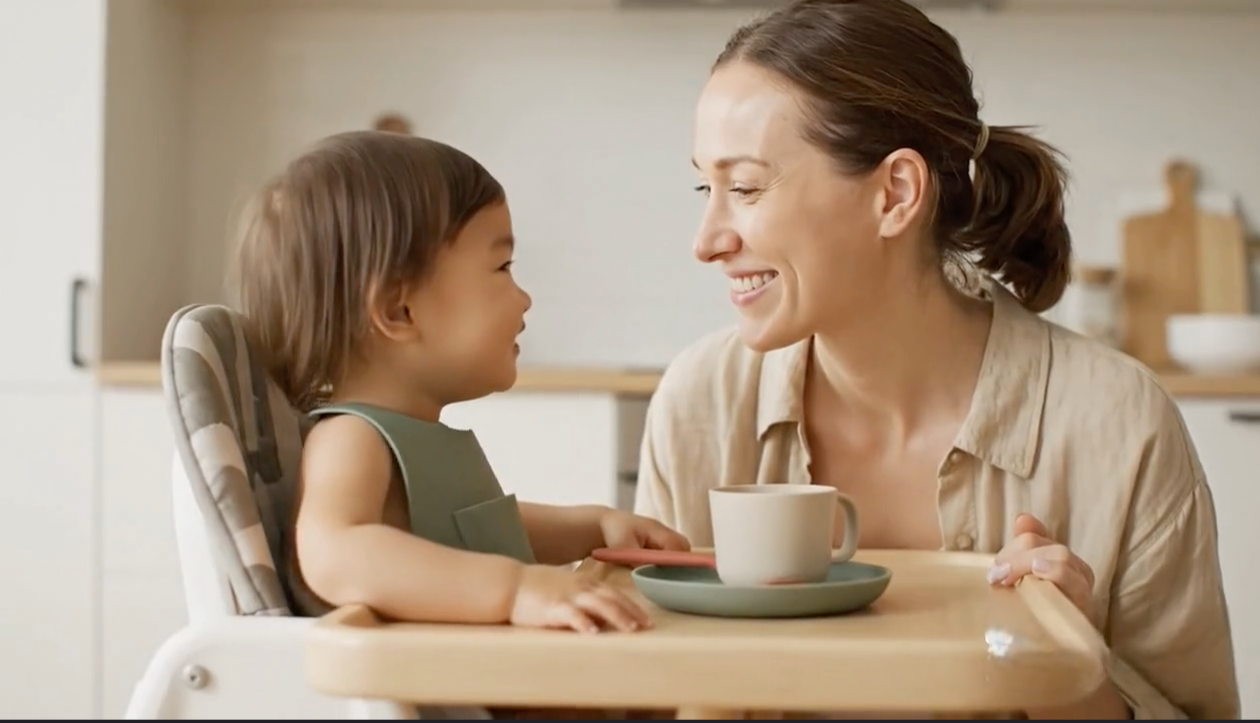Woman and child sitting at a table in a kitchen, sharing a moment.