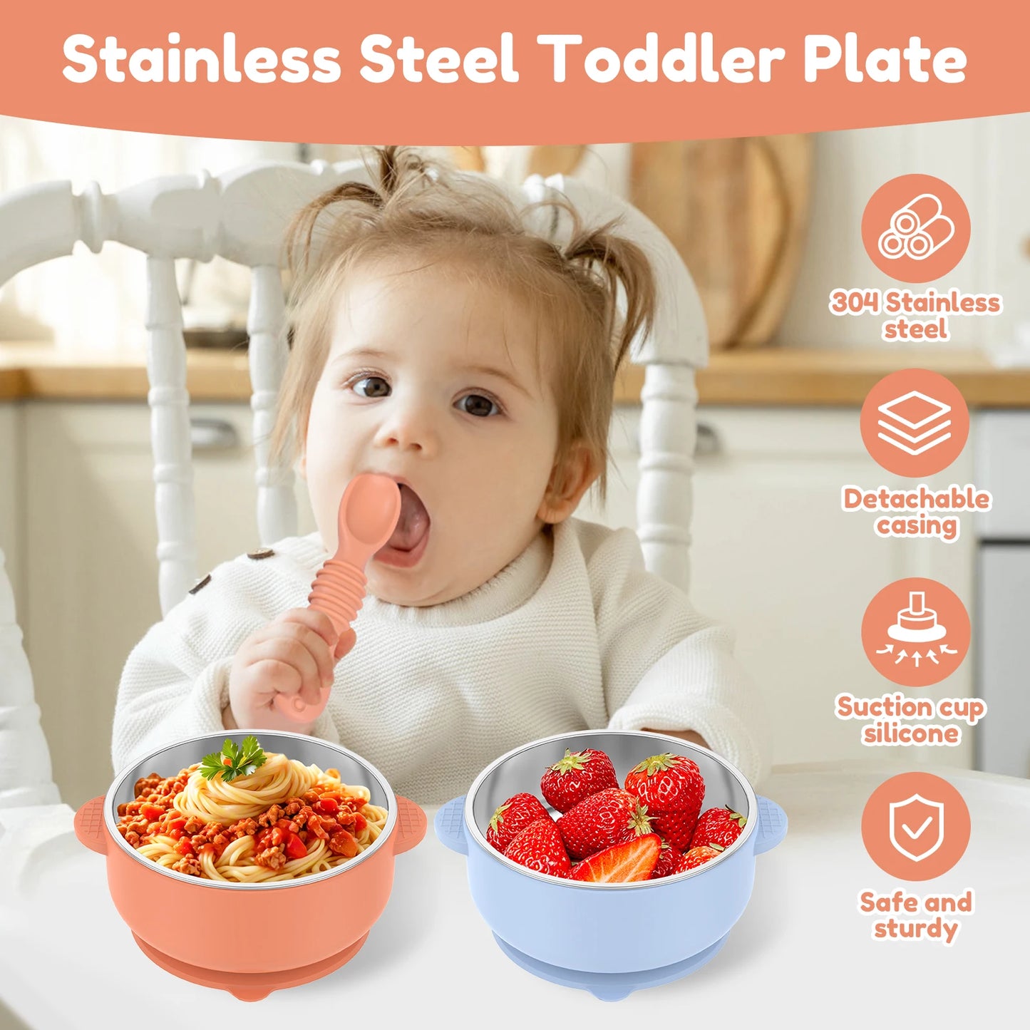 Child eating with a stainless steel toddler plate and utensils, featuring text about material and safety.