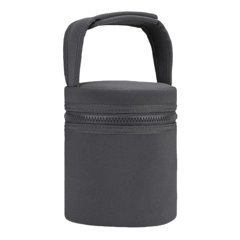 Black cylindrical pouch with a handle on a white background