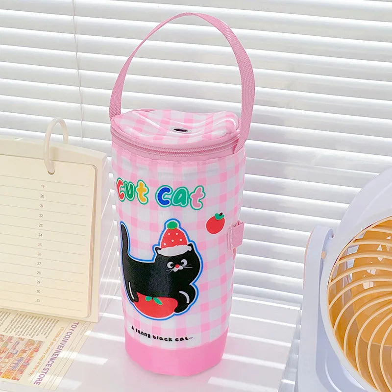 Pink water bottle with cartoon black cat design on a white background
