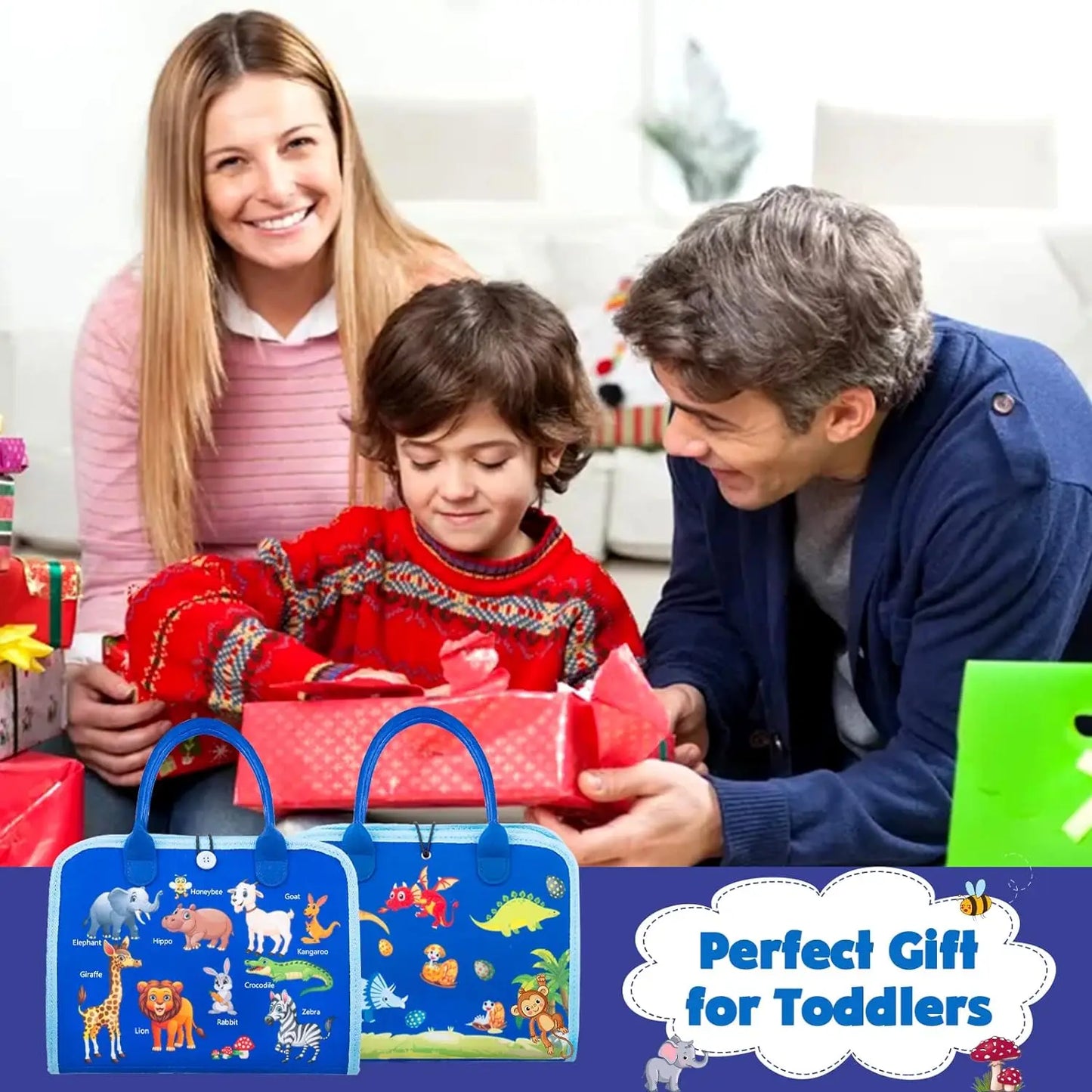 Family opening a gift together with two blue bags featuring animal illustrations at the bottom.