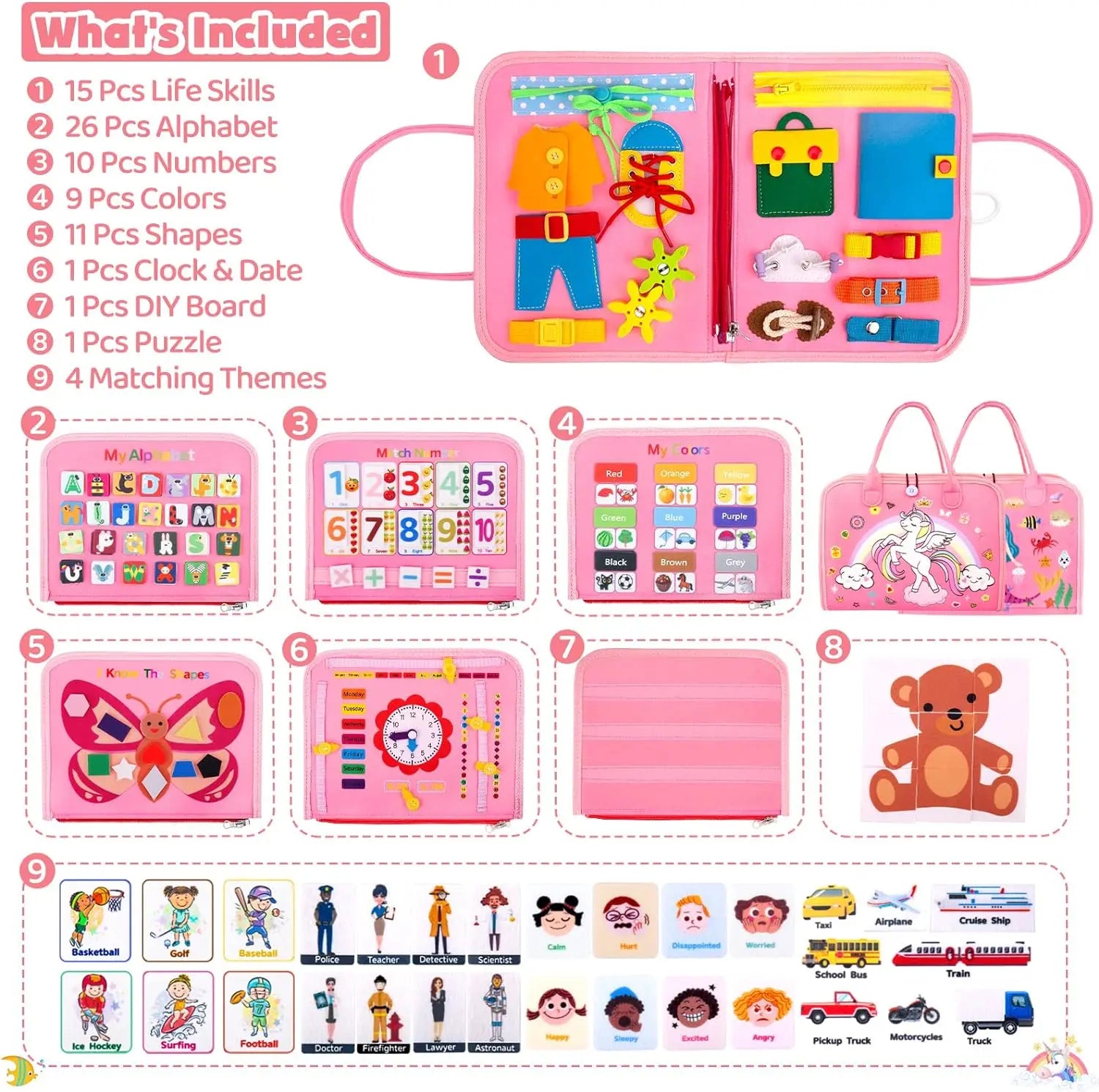 Children's educational toy set with various components and features on a white background.