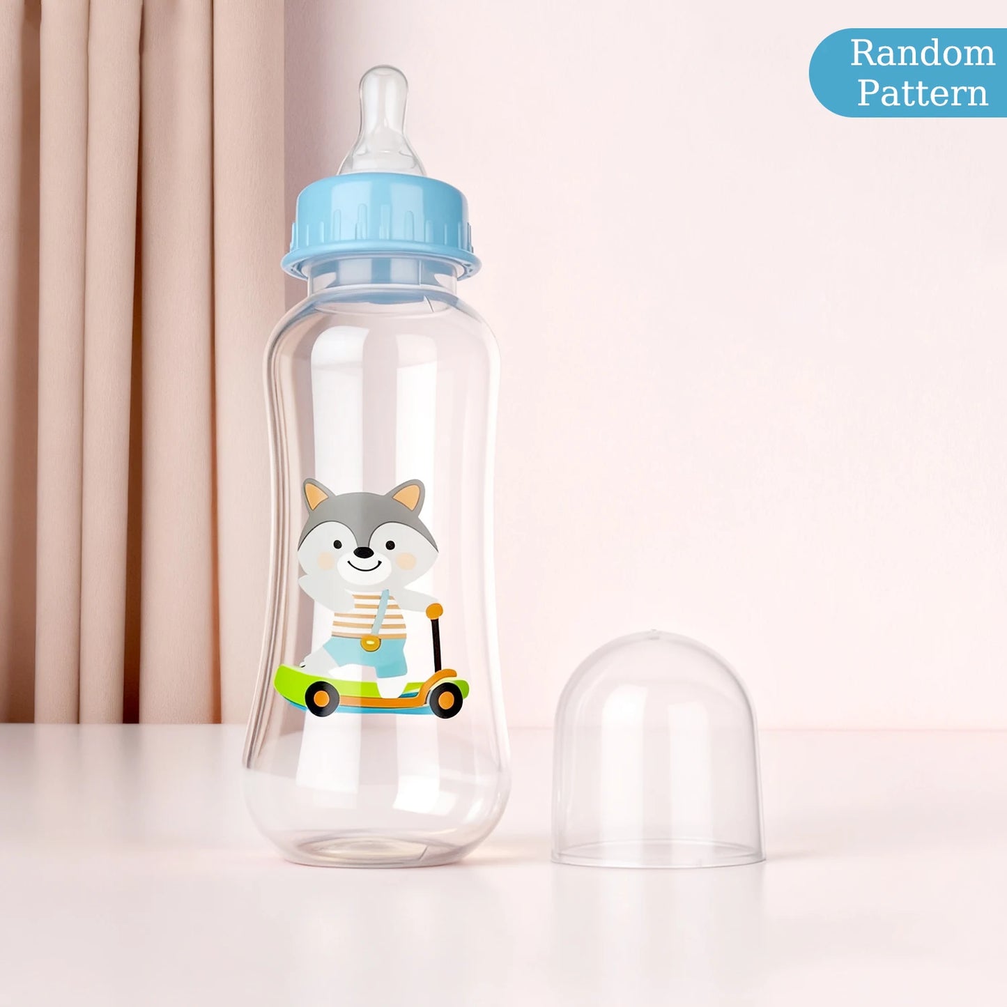 Clear baby bottle with a cartoon fox design on a light background