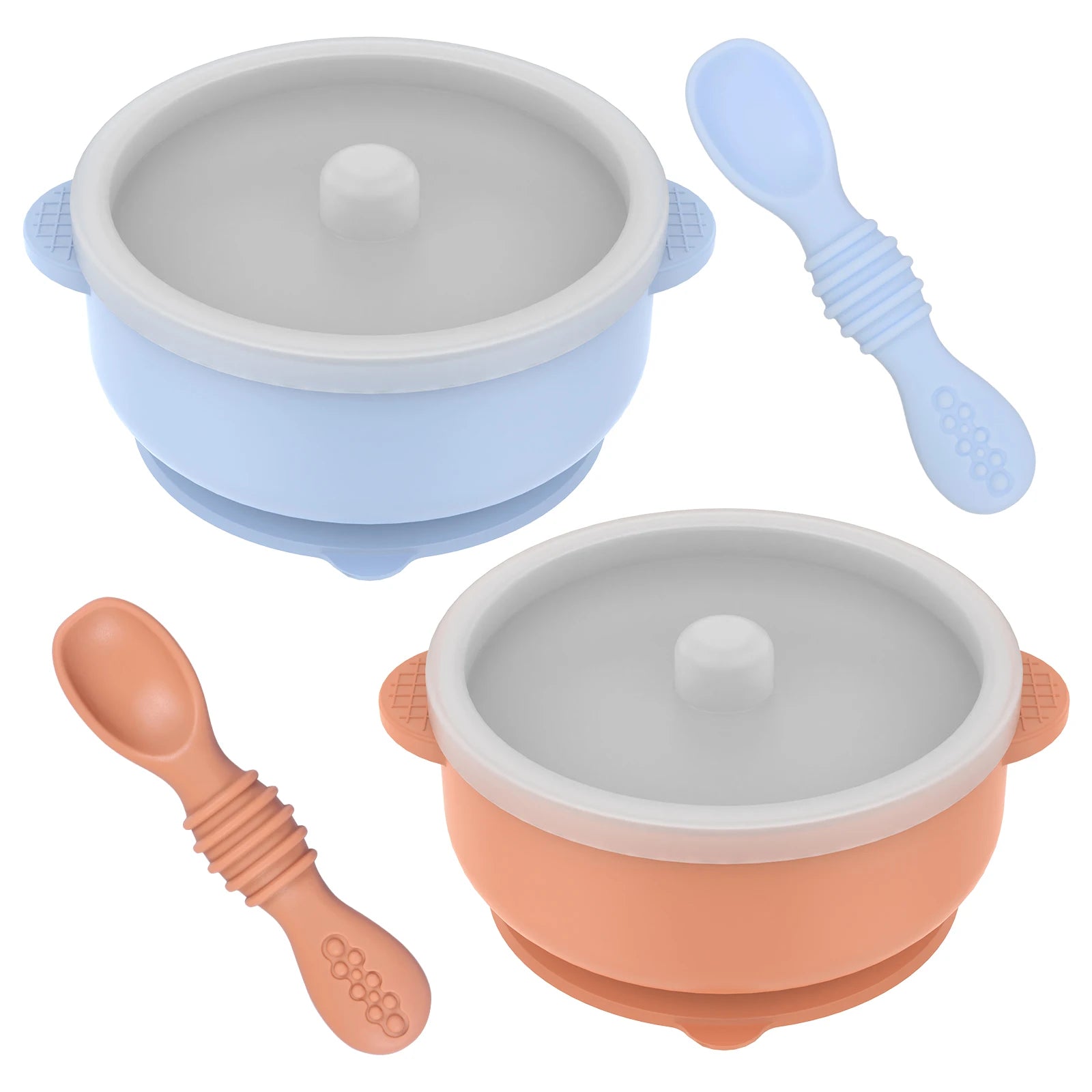 Two baby bowls with silicone lids and spoons on a white background