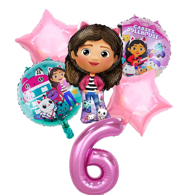 Set of balloons featuring a character from 'Gabby's Dollhouse' with a number 6 on a white background.
