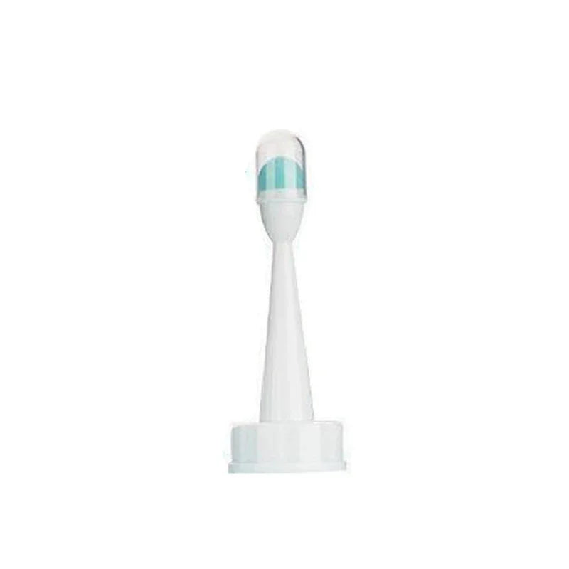 White electric toothbrush head with blue accents on a white background