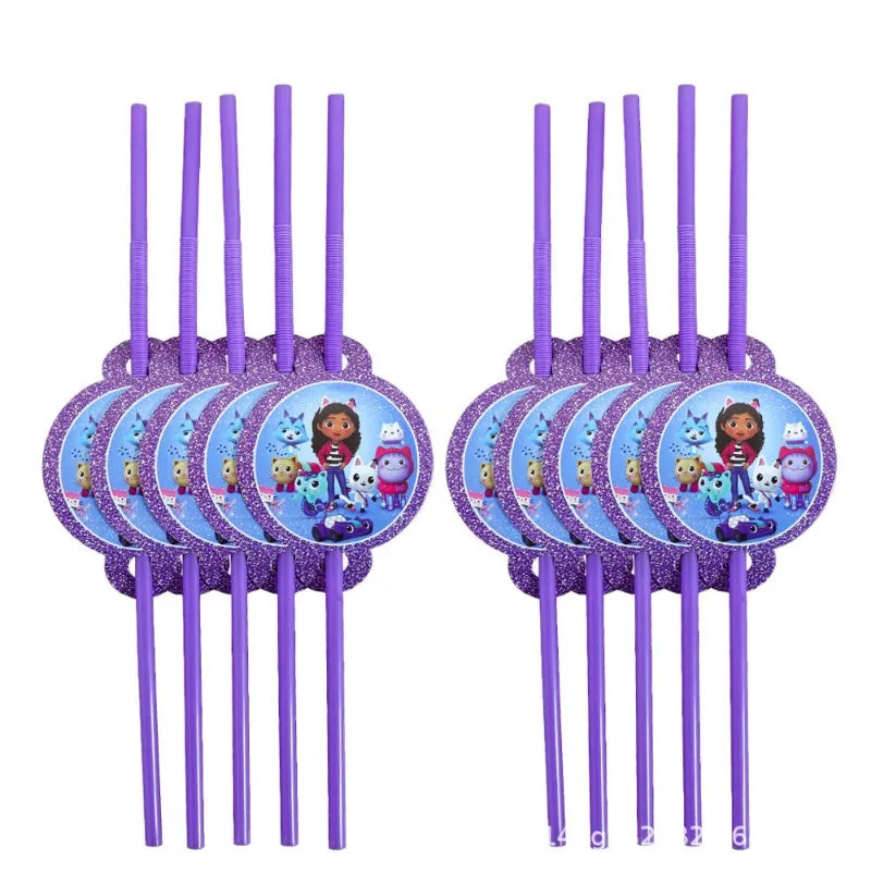 Set of purple straws with cartoon character labels on a white background