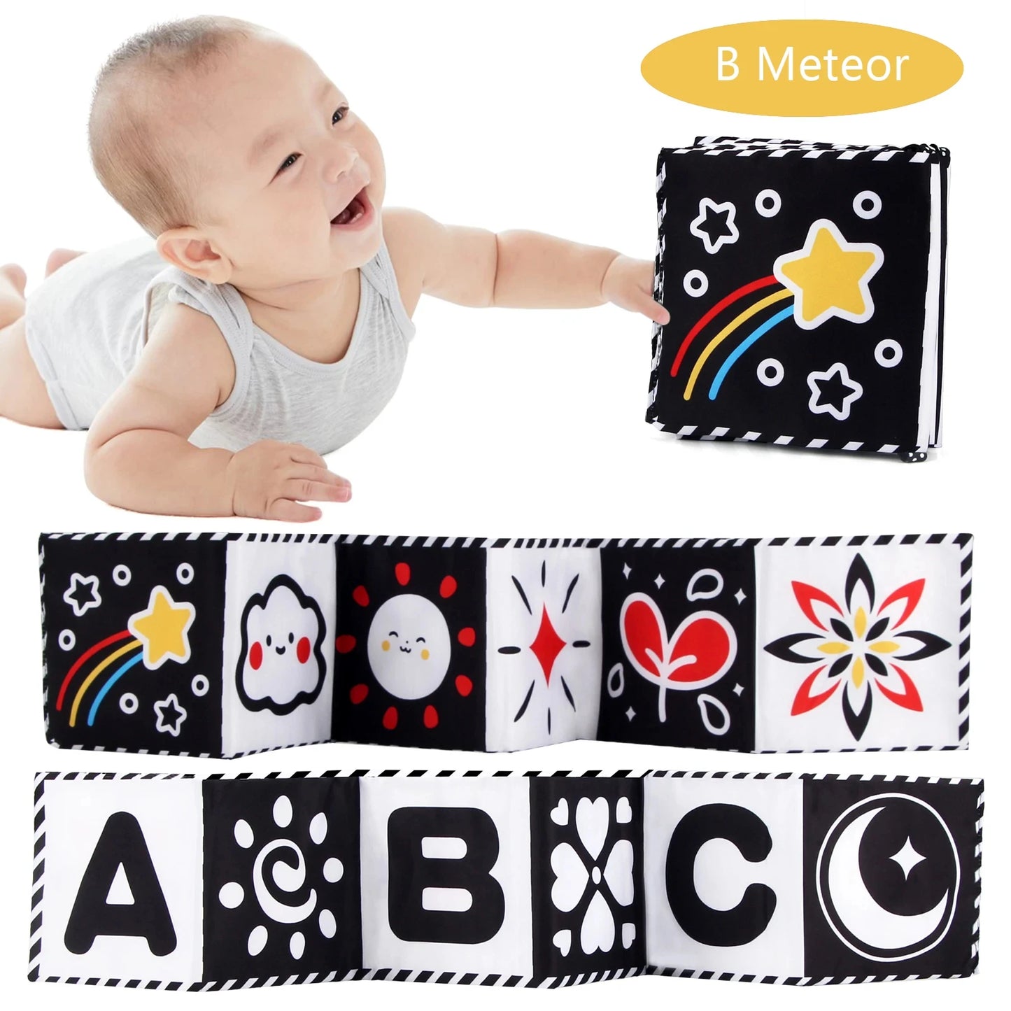 Baby playing with a colorful soft book featuring letters and shapes, with 'B Meteor' branding.
