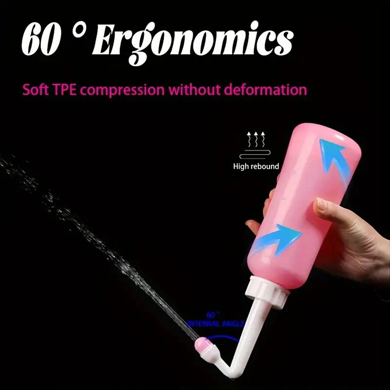 Pink and white device with blue arrows, held by a hand, on a black background with '60° Ergonomics' text.
