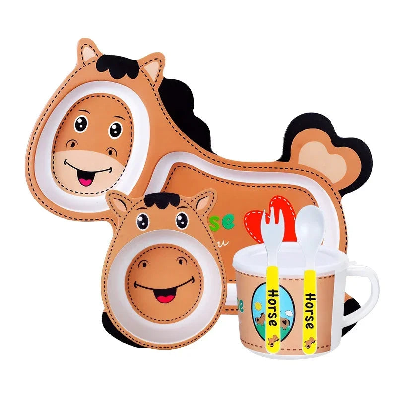 Children's tableware set with horse design on a white background