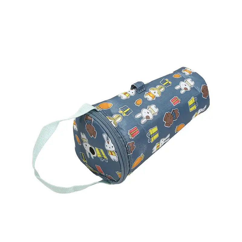  cylindrical blue bag with cartoon dog pattern on a white background