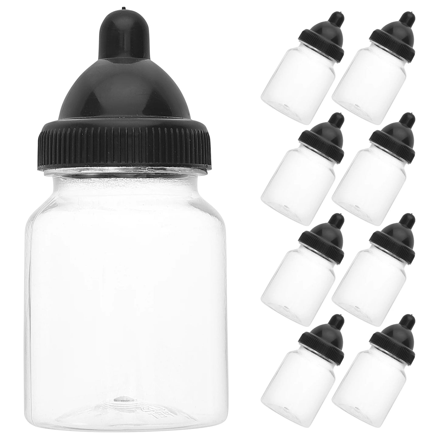 Clear bottles with black caps on a white background