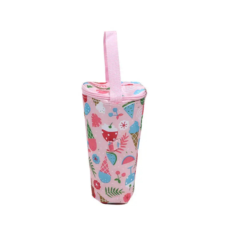 Pink insulated bottle holder with colorful designs on a white background